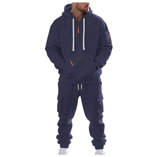 RIZUNTO uomo completo sportivo: giacca con felpa cappuccio cerniera e pantaloni della tuta con tasche, tuta da jogging, blu navy, xxl