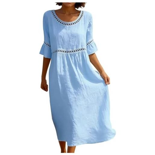 Generico abito estivo donna in lino - veste midi con scollo a v e maniche a 3/4, dettaglio in pizzo traforato sulle maniche, vestibilità a palloncino morbida e traspirante, taglie s-3xl