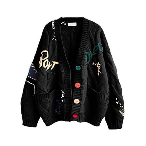 ebossy - cardigan da donna a maglia, a maniche lunghe, aperto sul davanti, con scollo a v, bottoni e ricami, in misto lana