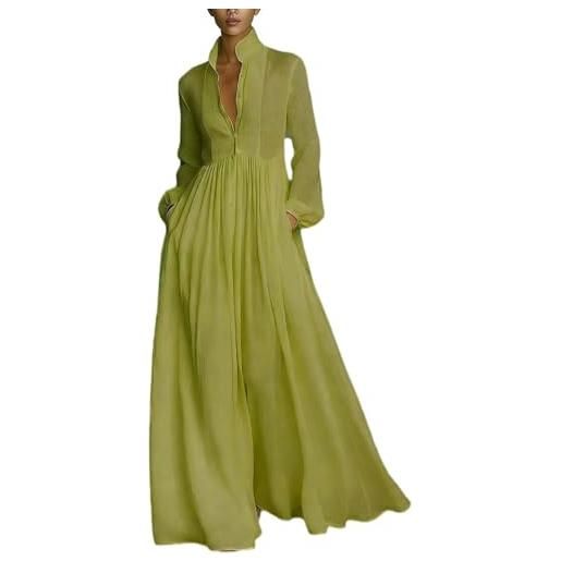 Generic vestito lungo elegante in lino e cotone per donna, con patchwork, camicia a maniche lunghe, colletto stretto, con tasche, colore solido, vestito estivo da spiaggia, formale per cerimonie estive, verde