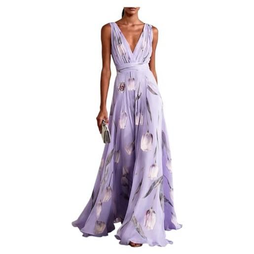 Onsoyours donna abito da sera casual elegante senza maniche scollo a v lunghi vestito stampa a-linea cocktail vestiti vita alta maxi abiti cerimonia a viola xxl