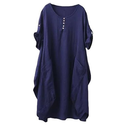 FTCayanz vestito donna manica corta abito tunica midi taglie forti abiti lino camicetta marina militare xl