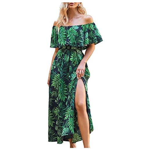 CUPSHE abito per donna estate a forma abiti con spalle scoperte maxi lunghezza ruffle aderente vita stampato tropicale