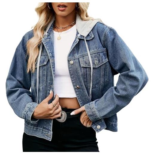 Generisch giacca jeans vintage donna corta casual manica lunga colletto revers bottoni lavaggio con cappuccio rimovibile