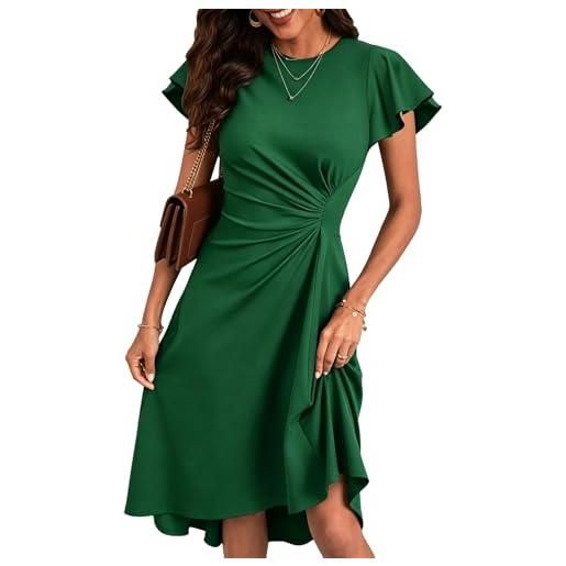 KUNJLELP vestito donna elegante manica corta abito linea a vita alta midi abiti tinta unita estivo vestiti da cerimonia per festa cocktail, verde, s