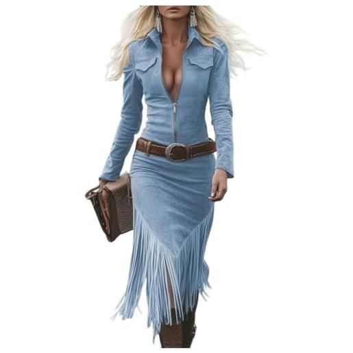 ORANDESIGNE vestito vintage da donna vestiti con frange e revers abito midi attillato in stile western effetto scamosciato abito da cowgirl a blu l