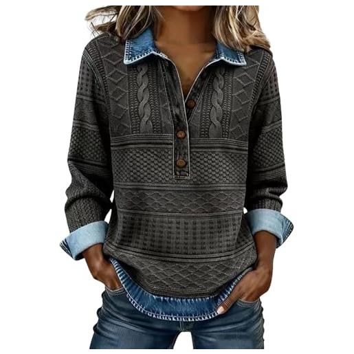 Generic maglioni in denim da donna, a maniche lunghe, con colletto e bottoni, design con scollo a v, misto jeans a maglia, top casual da indossare tutti i giorni