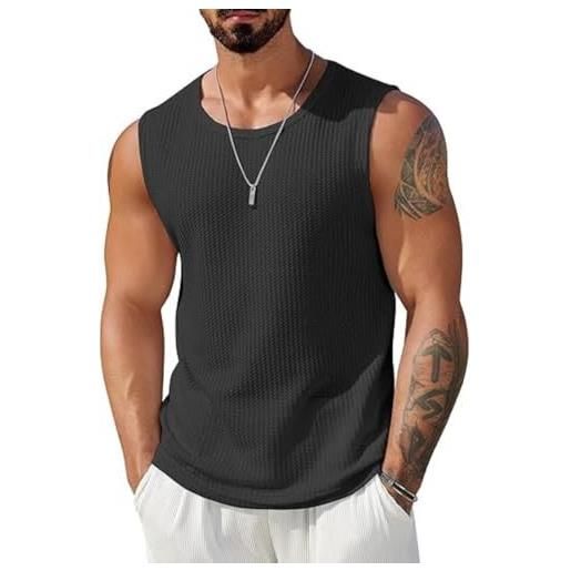 WINKEEY canotta uomo estiva traspirante canottiere maglietta senza maniche canottiera sportiva casual uomo in tessuto waffle lavorato a maglia, nero xxl