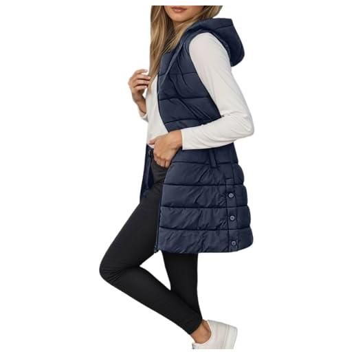 Generico gilet con cappuccio donna smanicato donna cappotto lungo senza maniche tinta unita giacca lunga zip up cappotto donne invernale leggeri caldo gilet lungo con tasche autunno invernale