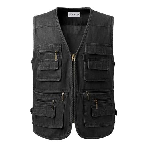 KTWOLEN gilet di jeans da uomo multi-tasca gilet moto giacca denim vintage smanicato jeans giubbino da lavoro con cerniera, nero, xl