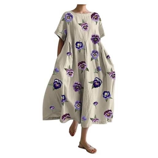 Generico vestito lino donna larghe elegante casual abiti in lino boho lungo comodo vestiti estivi taglie forti primavera vacanza vestito boho elasticizzato vintage tinta unita abito da spiaggia