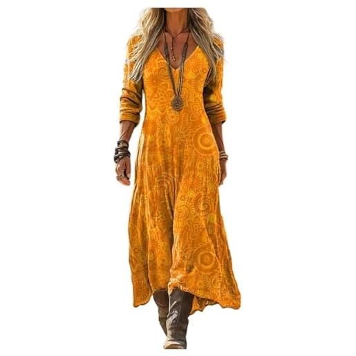 Generico vestito donna bohemien lungo abito boho chic scollo a v stampa etnica maniche lunghe vestito vintage casual elegante fluido per primavera estate