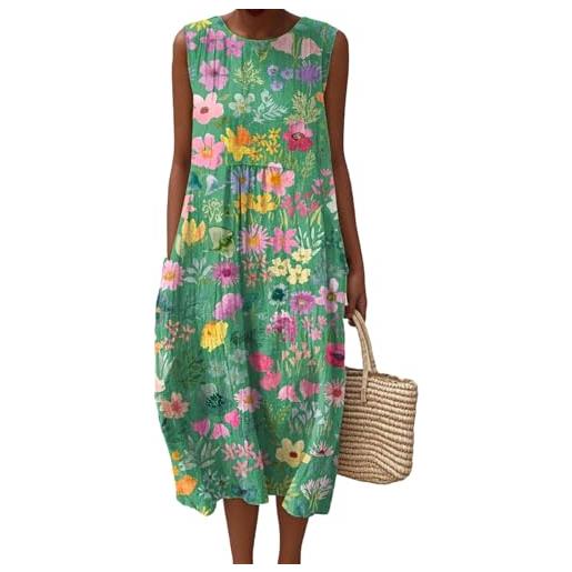 Mfhmom vestito mussola donna con pieghe in lino abito estivo boho con scollo rotondo leggero e traspirante lunghezza al ginocchio abiti da spiaggia in cotone stampato senza maniche vestiti estivi a linea a