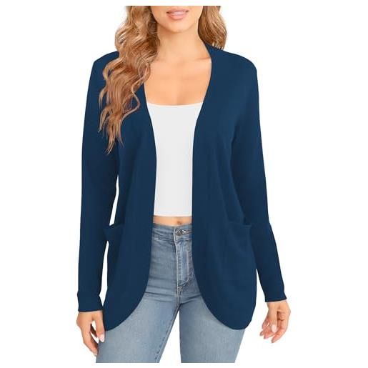 EXCHIC donna elegante leggero maniche lunghe cardigan orlo curvo fronte aperto lunghi maglioni con tasche