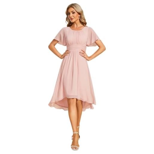 Ever-Pretty abito cerimonia donna maniche a volant chiffon pieghe al ginocchio abito da sera elegante rosa 44