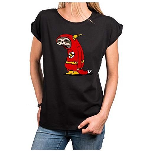 MAKAYA magliette donna manica corta divertenti - flash bradipo sloth - supereroi t-shirt divertenti sheldon nero xxl