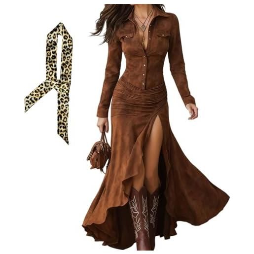 INLANDSIS abito da donna vintage in pelle scamosciata western, scollo a v, a maniche lunghe, con bottoni, abito da cowgirl in finta pelle scamosciata, caramello, l