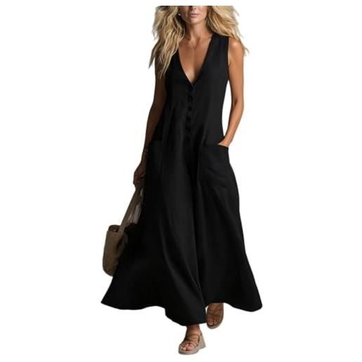 Generisch abito maxi senza maniche in lino con scollo a v, chiusura con bottoni e tasche, vestibilità a-line in misto lino, outfit estivo casual da spiaggia e da viaggio per donna, c, m