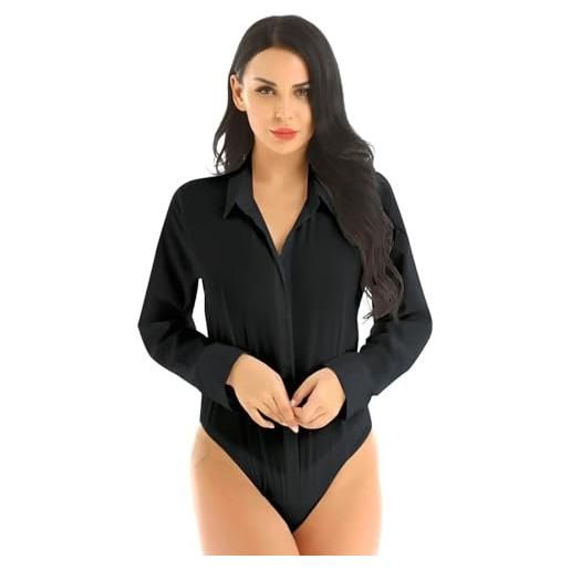 Mufeng body da donna camicia bianca maglia elegante a maniche lunghe. Corte slim estiva maglia colletto perizoma bodysuit shirt body shaper abito ufficio casuale nero m