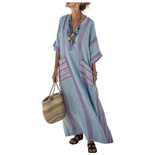 Generico abito lungo estivo donna lino elegante vestito boho chic vintage cerimonia maxi vestiti cotone e lino comoda scollo a v prendisole mare spiaggia vacanza traspirante abbigliamento con taschen (a27, xl)