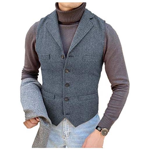 HSLS uomo lana tweed abiti gilet slim fit a spina di pesce gilet per groosmen best man, blu navy chiaro. , s