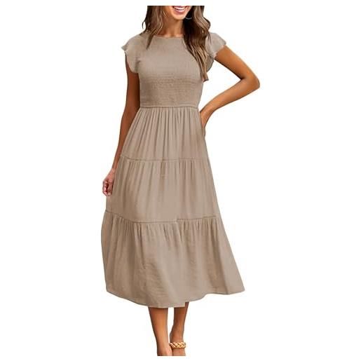 Yuson Girl vestito estivo lungo donna - abito estivo lungo collo rotondo ragazza con manica a volant vestiti casuale eleganti colori solidi abiti estivi donna lunghi(cammello, m)