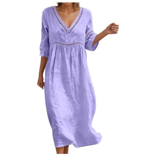 Generico abito lino donna - abito estivo a maniche a 3/4 boho chic abiti vacanza comodo taglie forti vestito lungo in cotone scollo a v largo vestiti da spiaggia tinta unita morbido e traspiranti