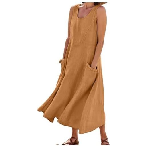 Generico abiti estivi da donna 2025, maxi dress senza maniche in cotone e lino, casual largo monocromatico taglie forti con tasche (light brown, xxl)
