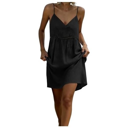 Generic vestito donna estivo corto in cotone lino, scollo a v con spalline sottili, tinta unita, abito casual prendisole leggero per mare vacanza spiaggia