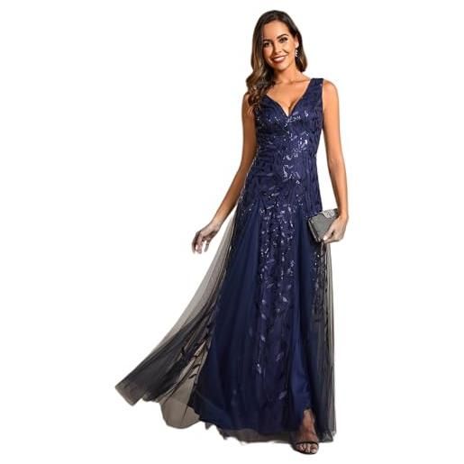 Ever-Pretty abiti da damigella d'onore tulle paillettes senza maniche impero vita scollo a v a line blu navy 44