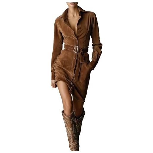 Generico abito camicia vintage in camoscio donna - colletto a unica riga di bottoni midi cintura slim fit outfit per appuntamenti e feste