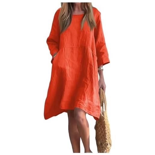 LUNULE abito casual da donne in cotone e lino a tinta unita con scollo rotondo e maniche a 3/4 abiti ampio al ginocchio abiti a tunica casual a trapezio comodo abiti da spiaggia prendisole con tasche