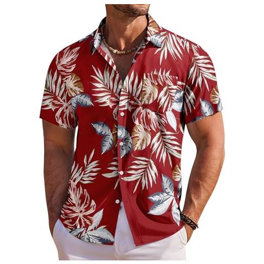 COOFANDY camicia hawaiana uomo a maniche corte casual shirts camicia estiva spiaggia vacanza con tasca rosso/foglia tropicale xxl