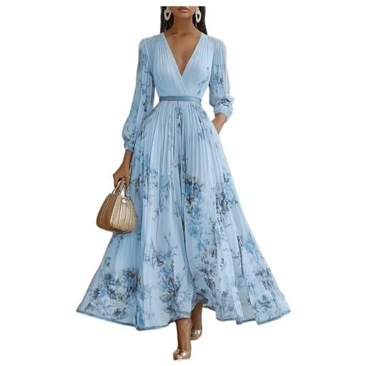 Generico vestito donna manica lunga - vestiti donna primavera scollo a v stampati, vestiti lungo caratteristico moda - dress for women vintage adatto per la primavera azzurro l