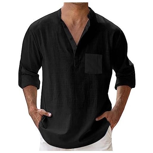 Generico camicia lino uomo manica corta, camicia lino uomo estiva elegante manica lunga henley shirts cotone slim fit camicie da spiaggia casual con bottoni