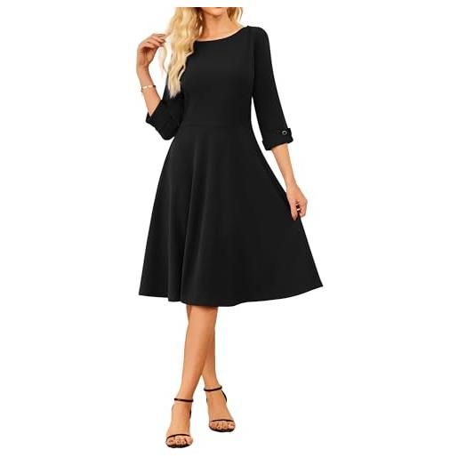 GRACE KARIN elegante abito midi da donna, scollo a barchetta, maniche a 3/4, svasato, svasato, abito da cocktail party, nero , xl