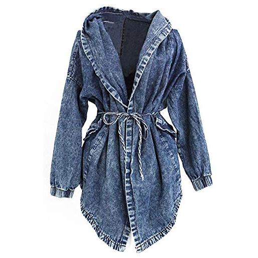 LATH.PIN giacca di jeans taglie forti manica lunga con cappuccino tasche giubbino in jeans moda jacket trench oversize coat per autunno inverno (taglia unica, blu)