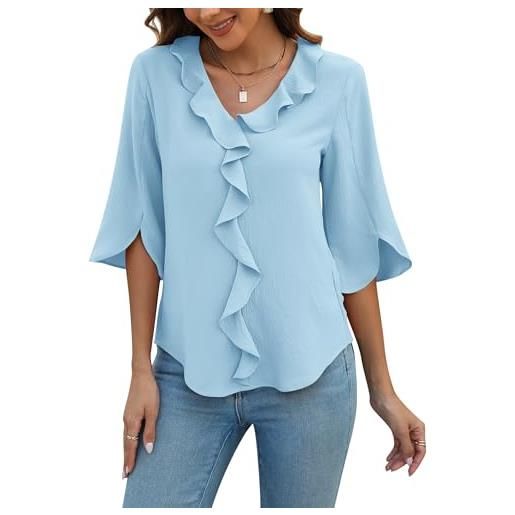 Blooming Jelly Blooming Jelly camicette eleganti e casual da donna, con maniche a 3/4, scollo a v e volant, camicie da lavoro, estive, alla moda, per donne in carriera