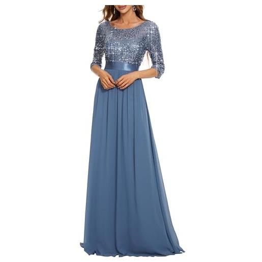 Ever-Pretty vestiti da sera e cerimonia donna linea ad a elegante manica 3/4 con paillettes abiti da damigella chiffon stile impero denim blu 44