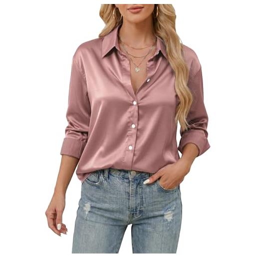 Stamain camicia elegante blusa donna button down di raso bottoni camicetta maniche lunghe con scollo a v top aderente in tinta unita