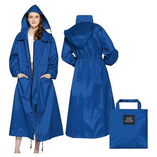LAMA impermeabile unisex lungo con cappuccio, impermeabile, antipioggia, per escursioni, blu reale, l