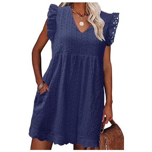 heekpek abito estivo donna cotone scollo a v vestito corto donna senza maniche con volant comodo e leggero abiti jacquard casual abito mare da spiaggia con tasche, blu navy, s