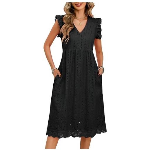 UMIPUBO vestiti estivi donna cotone scollo a v midi vestito senza maniche ruffles con tasche eleganti boho abito da spiaggia casual colori solidi abiti estivo