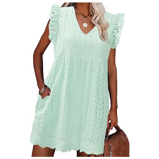 heekpek abito estivo donna cotone scollo a v vestito corto donna senza maniche con volant comodo e leggero abiti jacquard casual abito mare da spiaggia con tasche, verde, xl