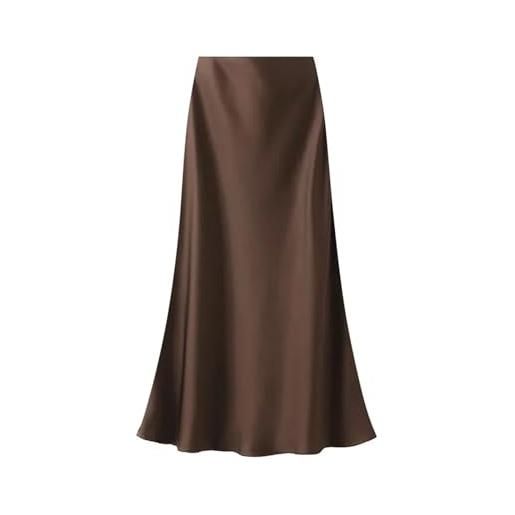 IKFGTJRE gonna lunga da donna in raso, gonna lunga da donna, gonna estiva in raso, elegante, in seta, sottile, tinta unita, colore nero champagne, casual, linea ad a, per le donne, marrone, l