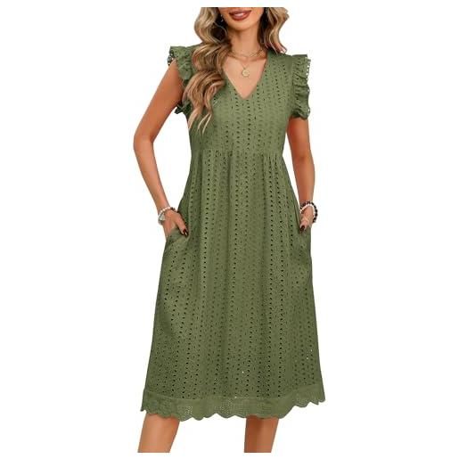 UMIPUBO vestiti estivi donna cotone scollo a v midi vestito senza maniche ruffles con tasche eleganti boho abito da spiaggia casual colori solidi abiti estivo (verde, l)