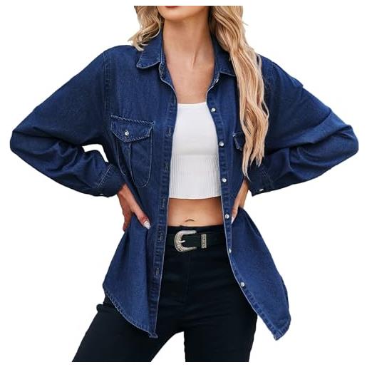 Generico camicia di jeans donna camicetta donna elegante blusa manica lunga con tasche sul petto camicia con bottoni per primavera, autunno