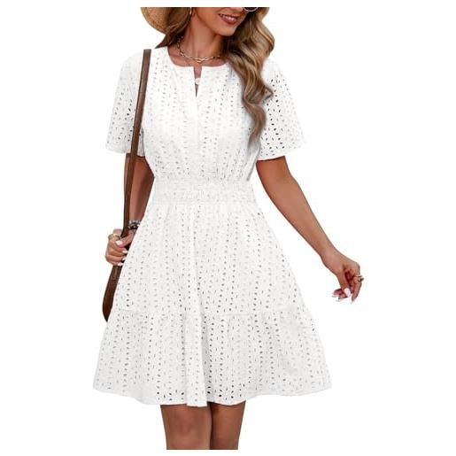 Svanco vestito donna in cotone, abito estivo donna elegante con scollo a v e motivo traforato, abito cerimonia donna per matrimonio in spiaggia, casual, feste e vita quotidiana
