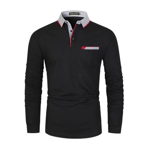 KUNJLELP polo uomo manica lunga con tasca maglietta chic colletto a quadri casuale cotton inverno golf t-shirt, a-nero, m