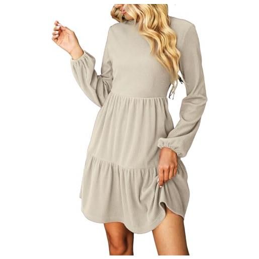 CUPSHE - vestito da donna, girocollo, maniche lunghe, orlo con volant, a linea, struttura a costine, miniabito corto, per l'autunno e l'inverno, vestito a più strati, beige. , m